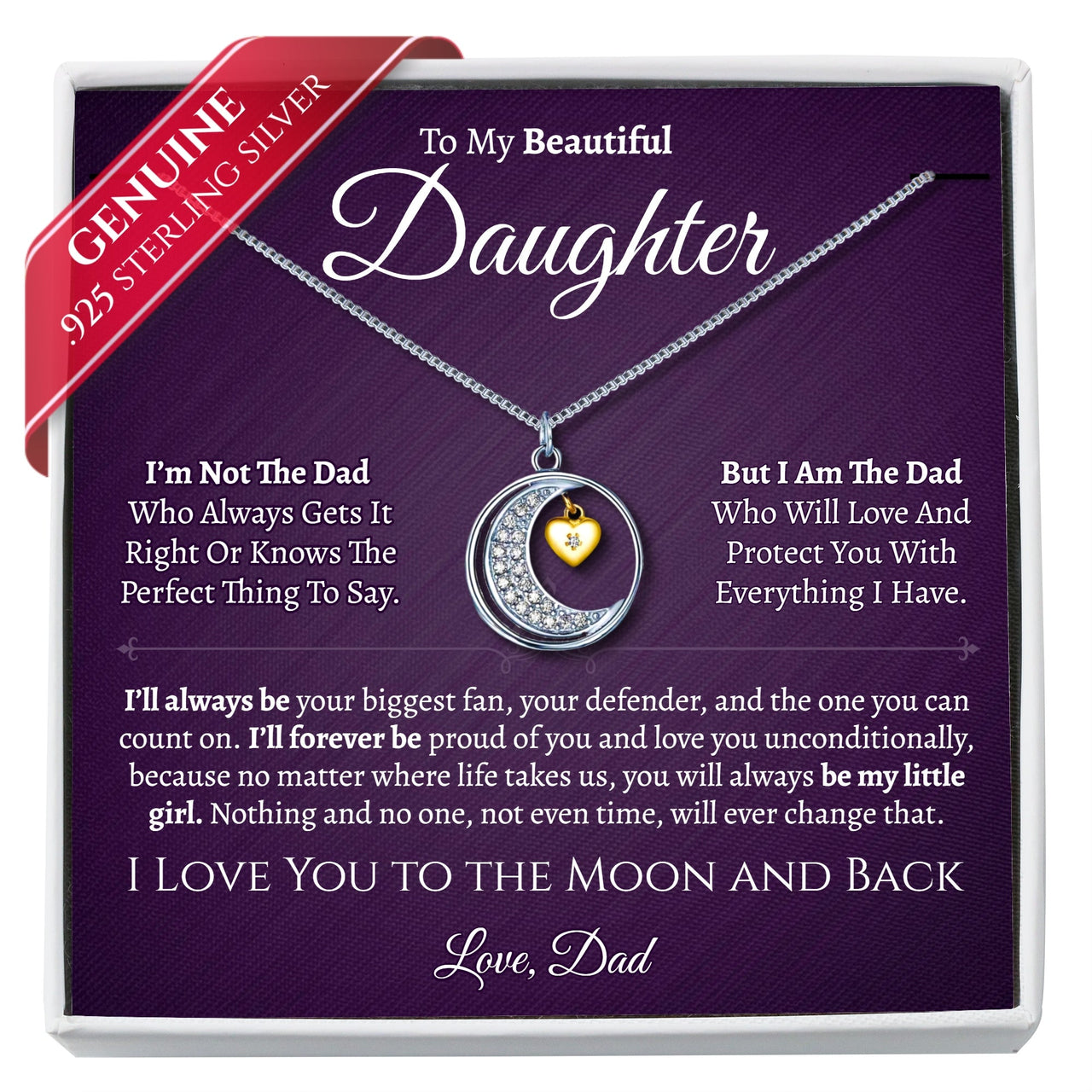Daughter .925 Sterling Silver Moon Necklace - Love Dad - Love You This Much